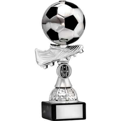 Large Football and boot Silver and Black trophy on Marble Base Awards 3 Sizes