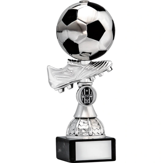Large Football and boot Silver and Black trophy on Marble Base Awards 3 Sizes