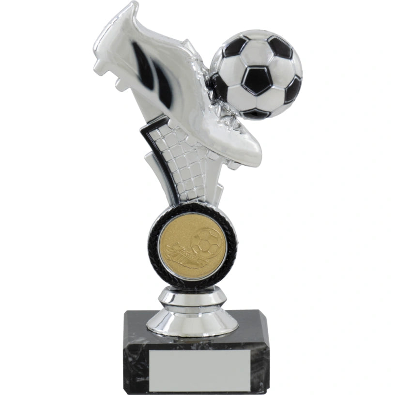 Bright Silver Football Boot and Ball on Marble Base Trophy award 3 sizes available