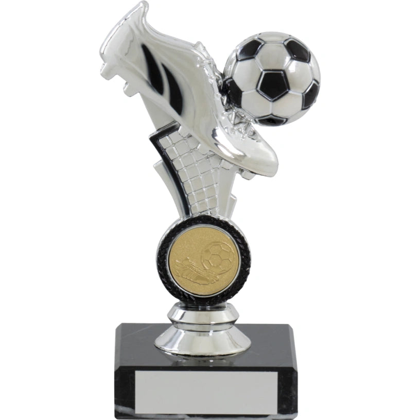 Bright Silver Football Boot and Ball with a Stem on a Marble Base Trophy award 3 sizes available