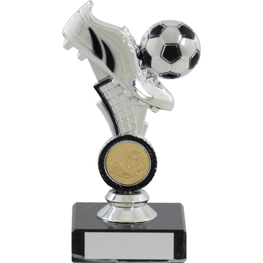 Bright Silver Football Boot and Ball with a Stem on a Marble Base Trophy award 3 sizes available