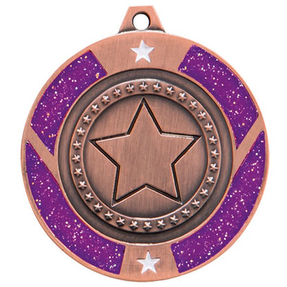 Glitter Star Purple multisport medal and ribbon 50 mm free engraving