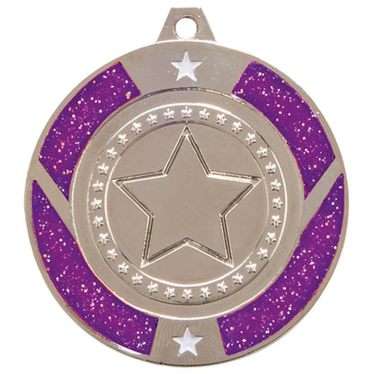 Glitter Star Purple multisport medal and ribbon 50 mm free engraving
