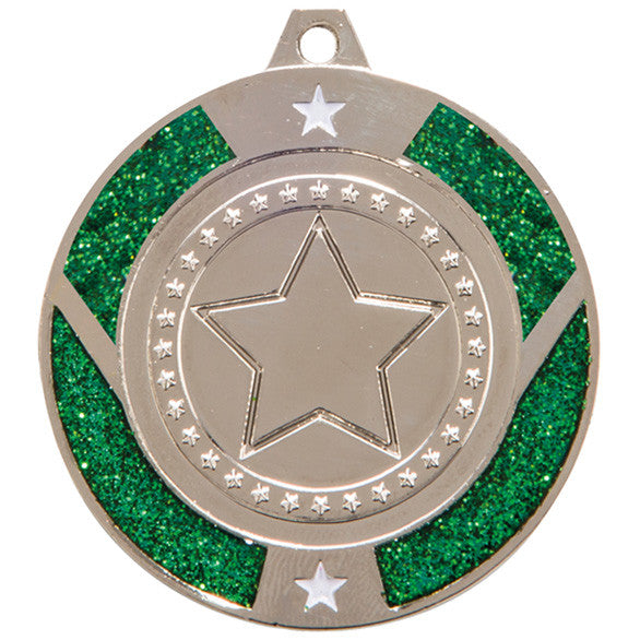 Glitter Star Green multisport medal and ribbon 50 mm free engraving