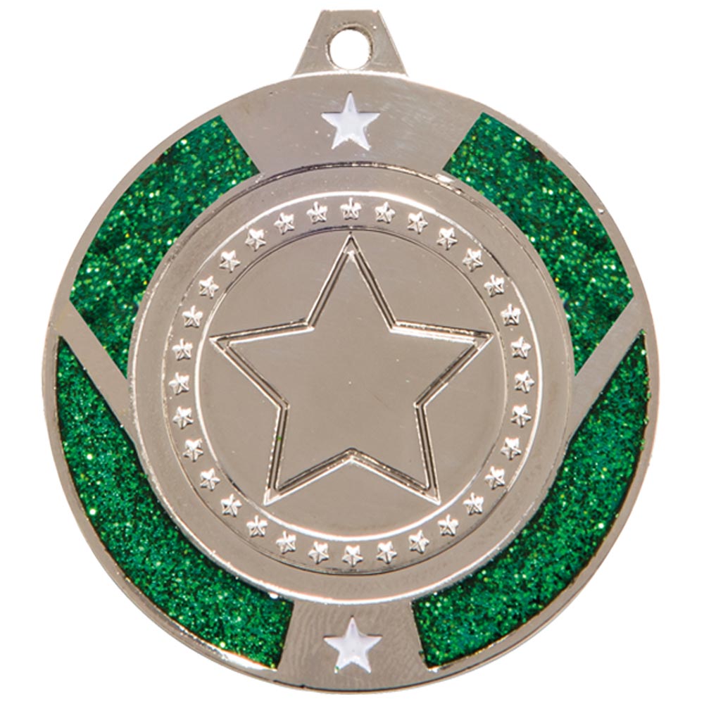 Glitter Star Green multisport medal and ribbon 50 mm free engraving