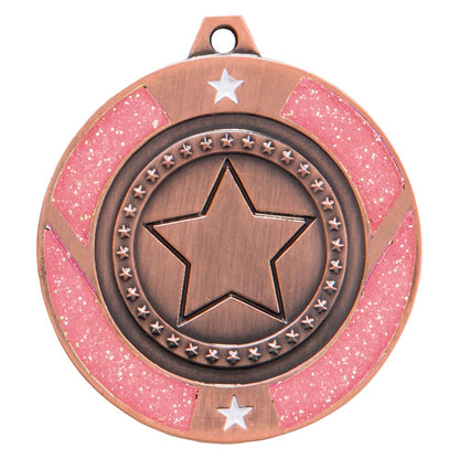 Glitter Star Pink multisport medal and ribbon 50 mm free engraving