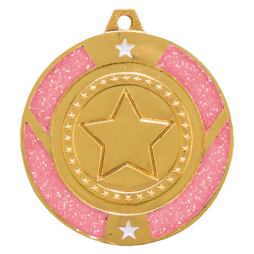 Glitter Star Pink multisport medal and ribbon 50 mm free engraving