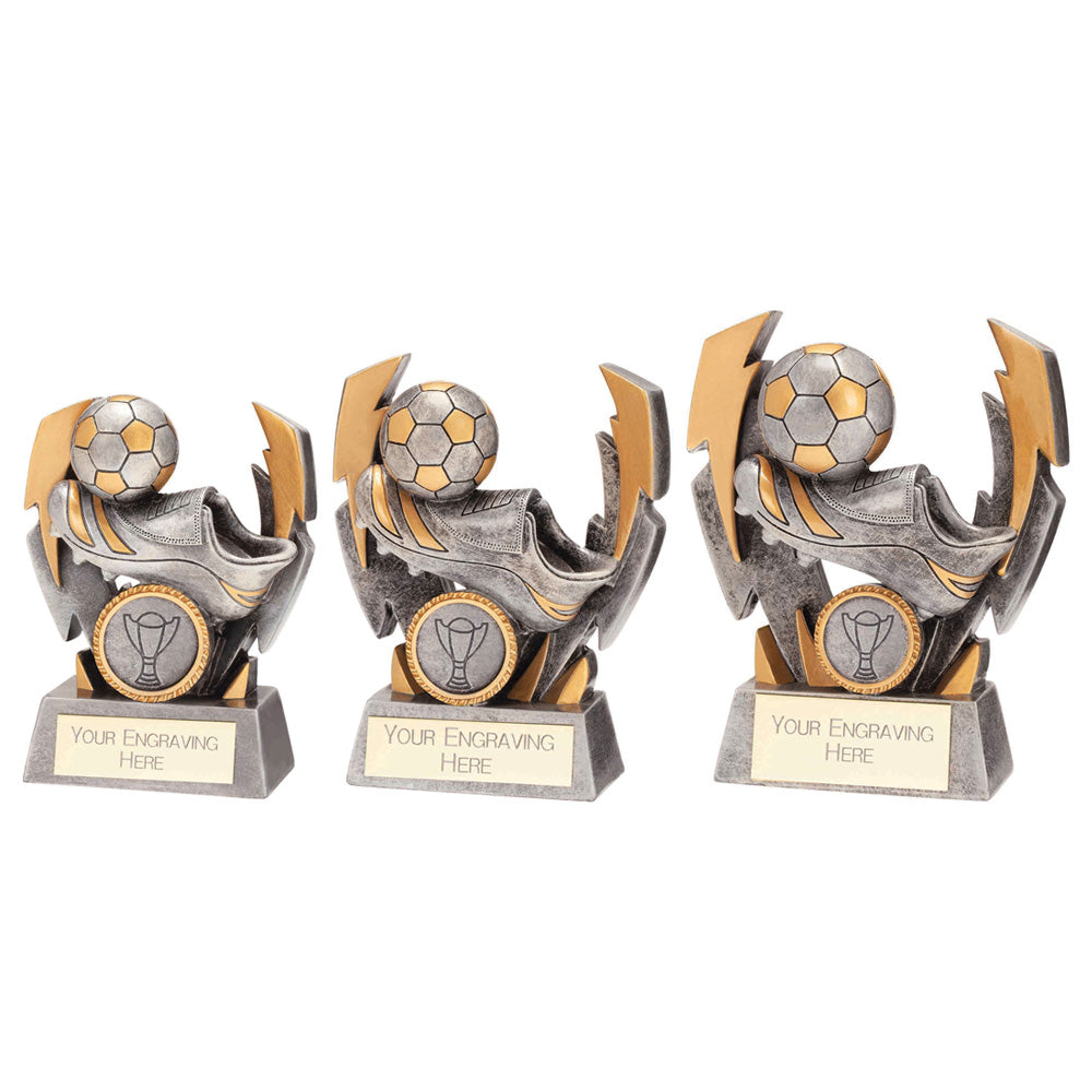 Football Trophies Flash Bolt Boot and Ball Trophy 3 sizes FREE Engraving
