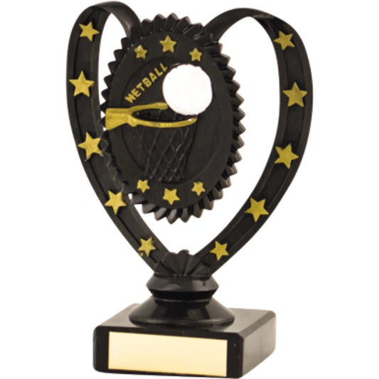 Black and Gold Netball Ball and Ring with Stars Trophy Award 5 Sizes Available