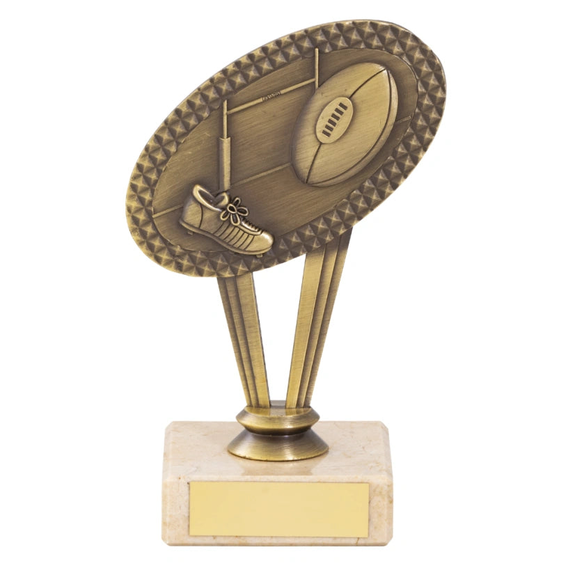 Rugby Ball Net and Boot Gold trophy Award Available in 4 sizes on Cream Marble Base