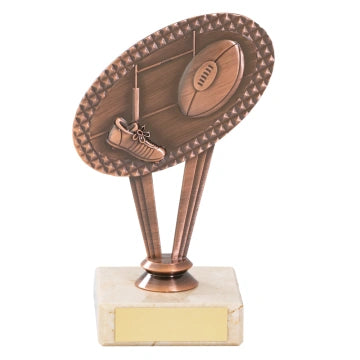 Rugby Ball Net and Boot Bronze Metal trophy Award Available in 4 sizes on Cream Marble Base