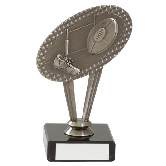 Rugby Ball Net and Boot Silver Antique Metal trophy Award Available in 4 sizes on Black Marble Base