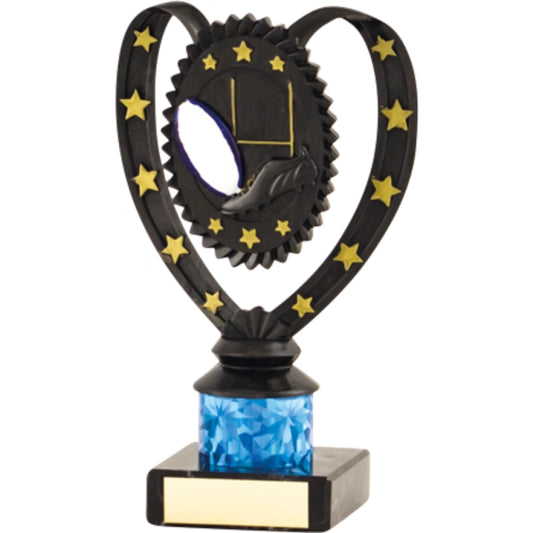 Rugby Boot And Net Trophy Award Black with Blue Tube and Marble Base